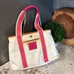 COACH Hampton Cream Satin Pink Trim Weekend Small Tote #1894